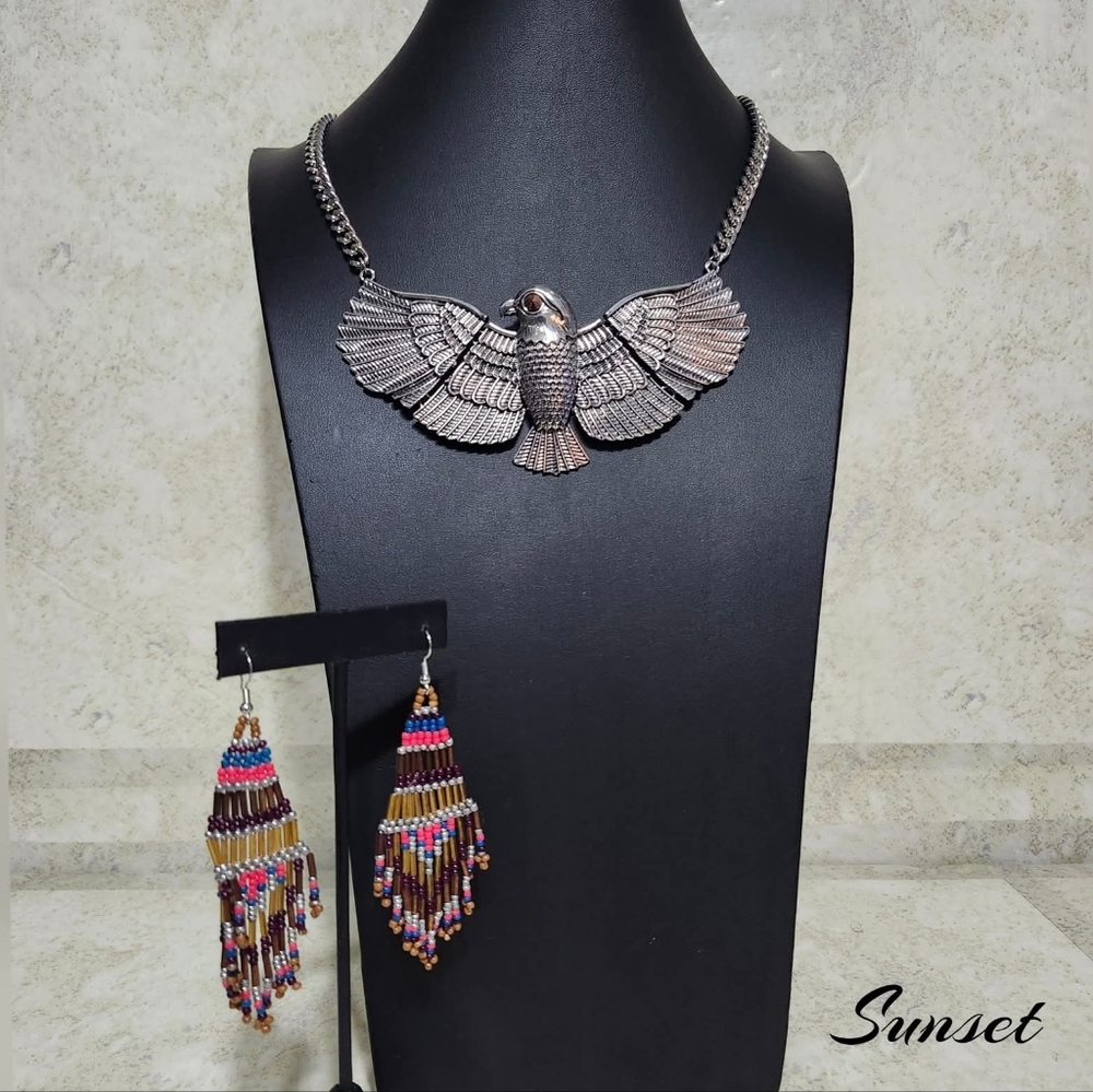 Silver Eagle Necklace and Multicolor Beaded Earrings Set